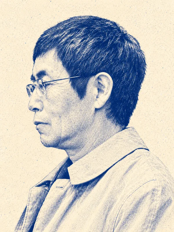Portrait de Bei Dao en risographie bleue