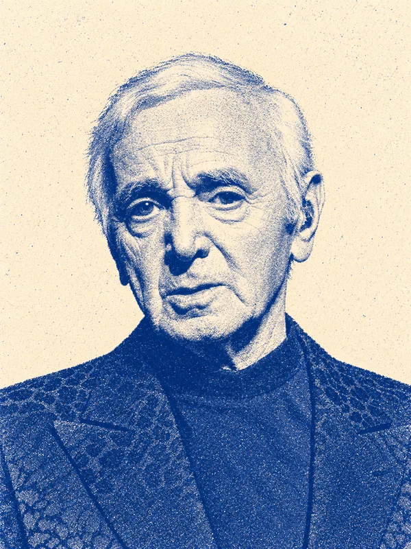 Portrait de Charles Aznavour en risographie bleue