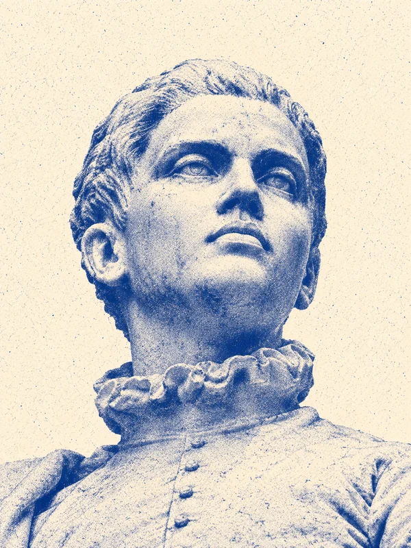 Statue d’Étienne de La Boétie par Tony Noël, interprétée en risographie bleue