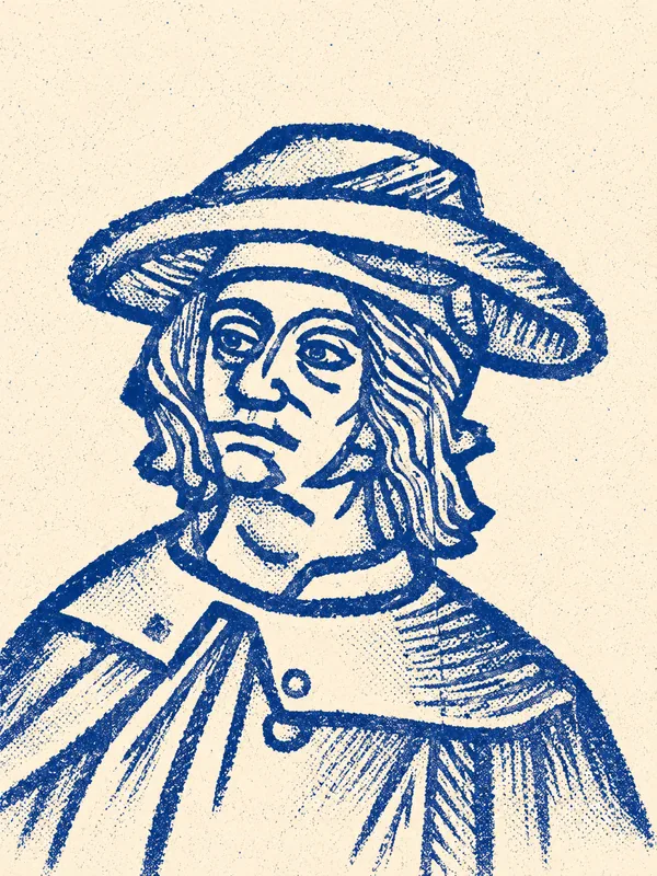 Interprétation en risographie bleue d’une gravure représentant François Villon