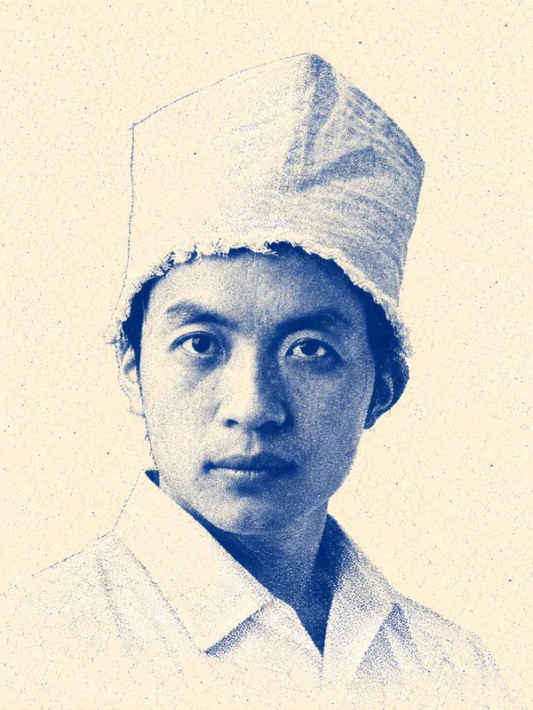 Portrait de Gu Cheng en risographie bleue