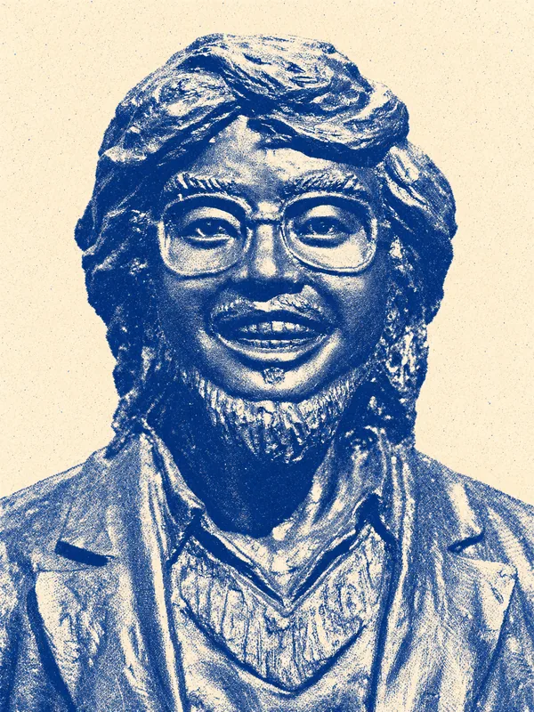 Interprétation en risographie bleue d’une sculpture de Hai Zi