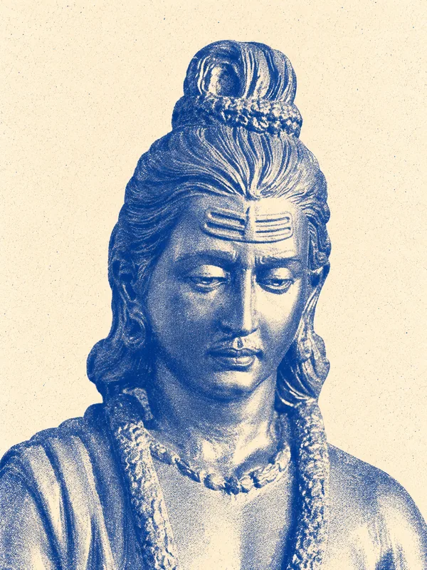 Interprétation en risographie bleue d’une sculpture de Kalidasa