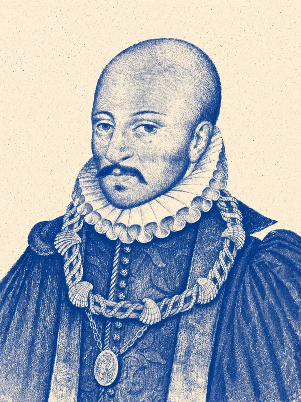 Portrait de Michel de Montaigne en risographie bleue