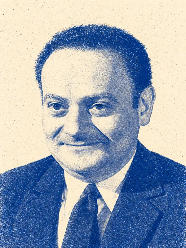 Portrait de René Goscinny en risographie bleue