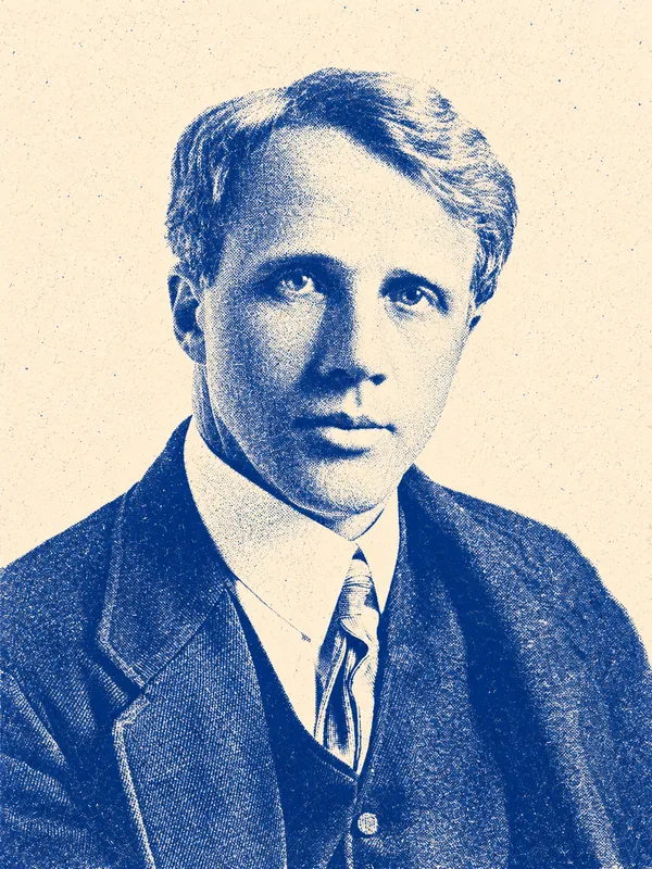 Portrait de Robert Frost en risographie bleue