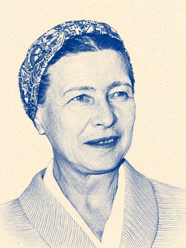 Portrait de Simone de Beauvoir en risographie bleue