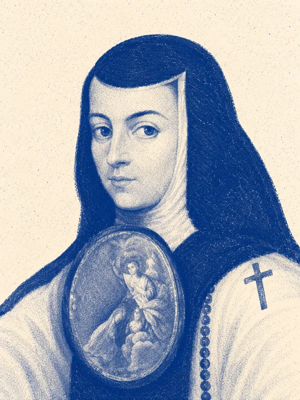 Portrait de Sor Juana Inès de la Cruz en risographie bleue